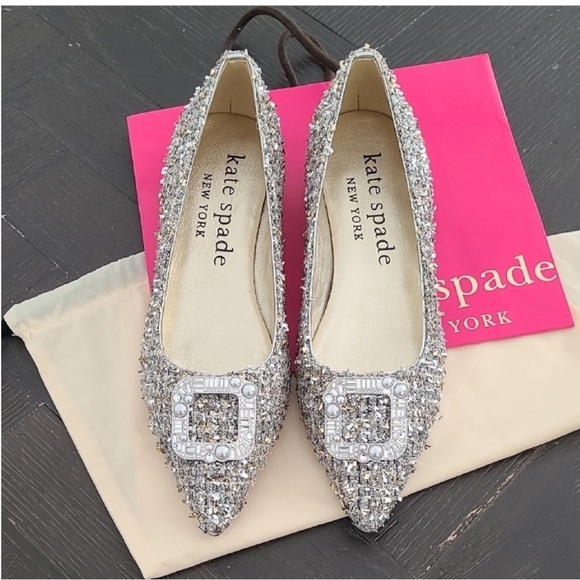 NWB Kate Spade Buckle Up tinsle tweed silver Flats Shoes